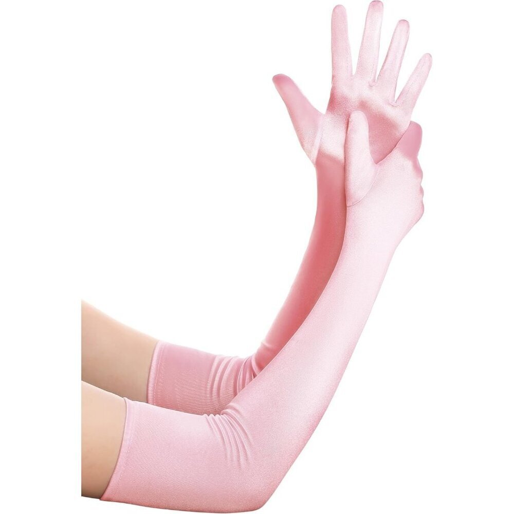 Women's Pink Vintage Satin Long Gloves Party Costume Stretchy Elbow Length